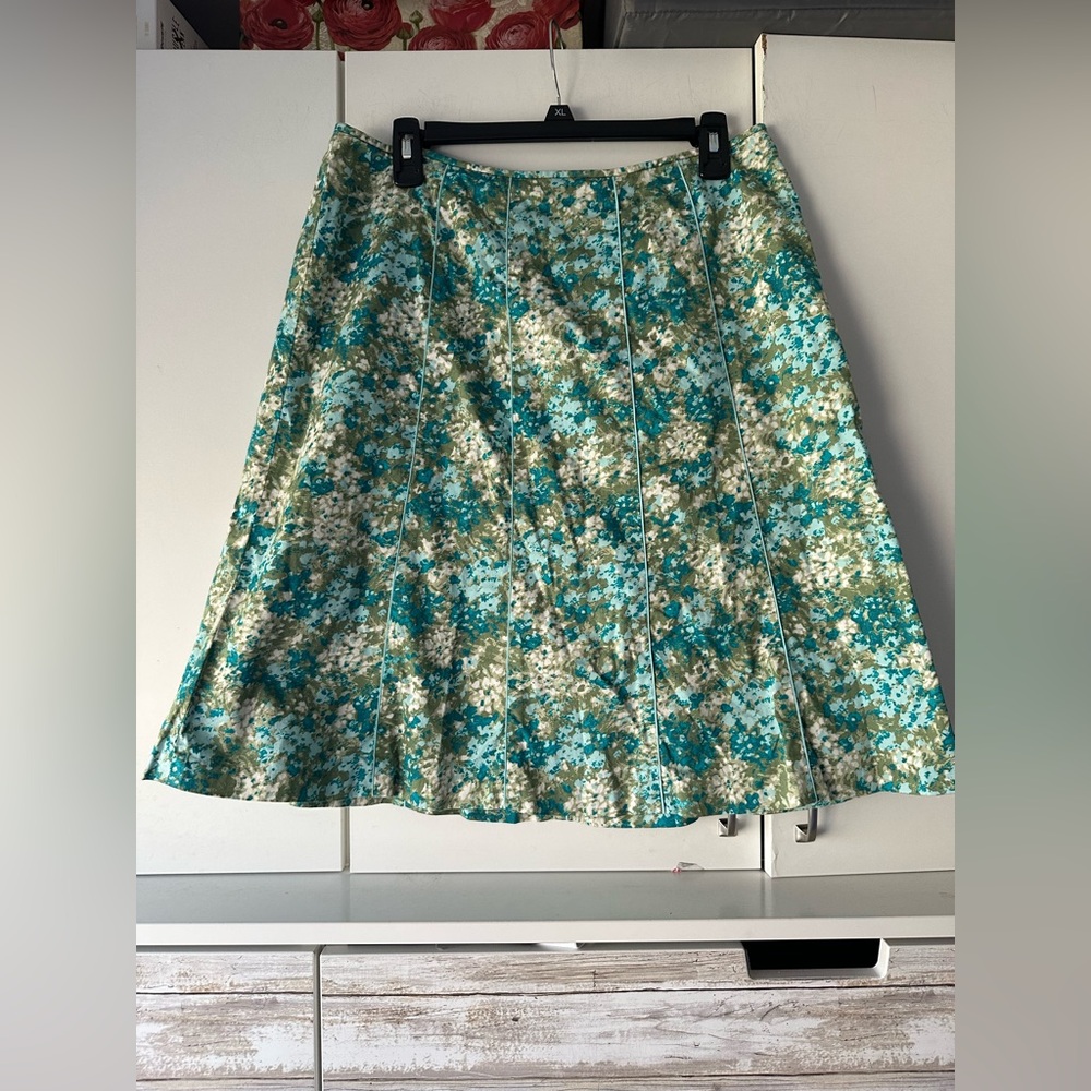 🌿 Ann Taylor Teal Floral A-Line Skirt Size 12 Cotton Lined